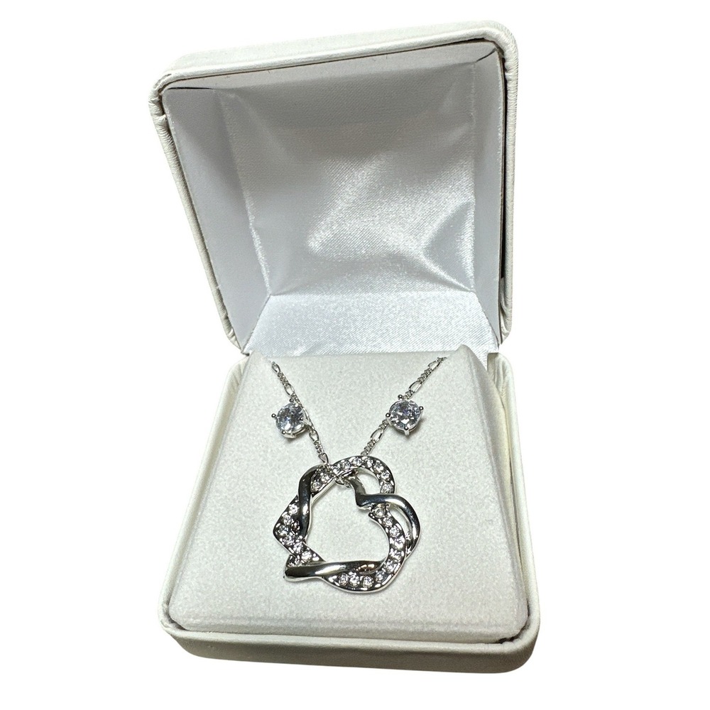 Silver Tone Intertwined Double Heart Clear Crystal Necklace & Stud Earring Set